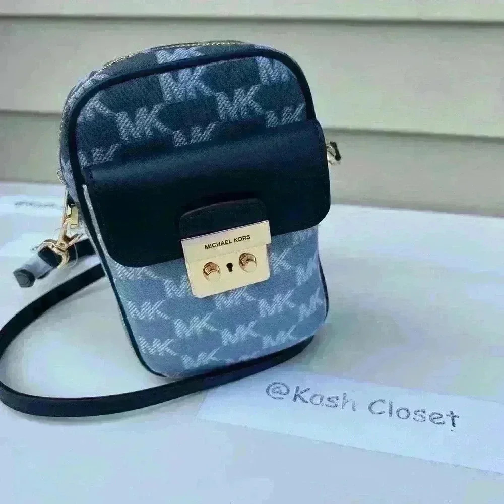 Michael Kors Phone Crossbody Sloan SM Top Zip Front Pocket bag Jacquard Navy